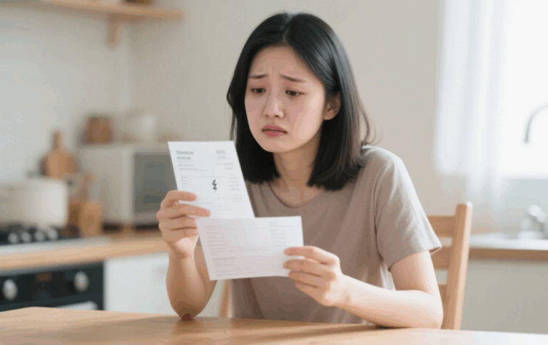 전기요금 고지서를 보며 속상한 표정을 짓고 있는 동양 여성의 실사 사진