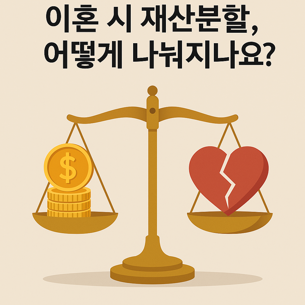 재산분할 저울에 돈과 금이 올려져 있고, 반대편에는 금이 간 하트가 놓인 이혼 상징 이미지