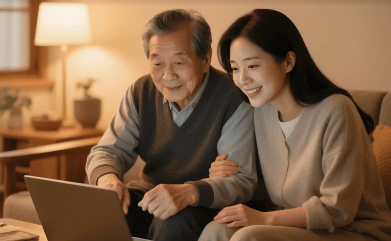 노부모와 딸이 거실 소파에 앉아 복지금 신청을 위해 노트북을 함께 보는 모습