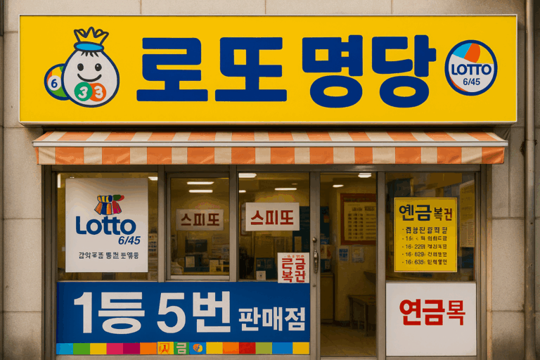 복권방 외관 전경 사진, 로또 1등 명당 분위기