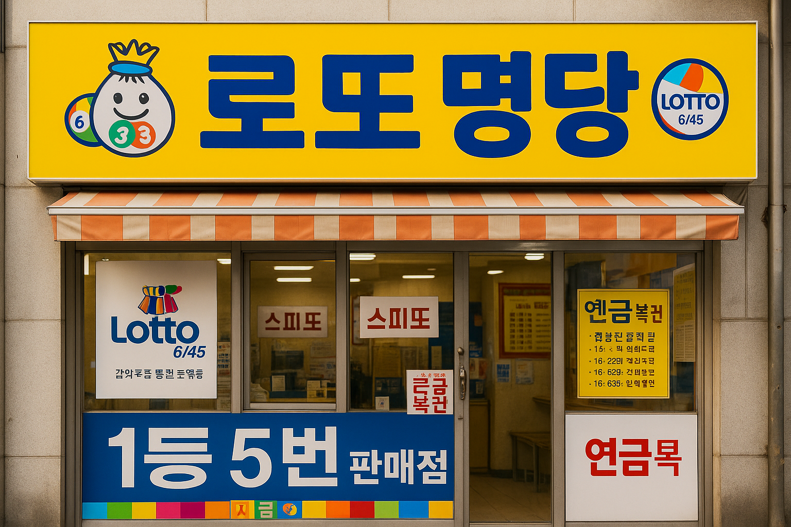 복권방 외관 전경 사진, 로또 1등 명당 분위기