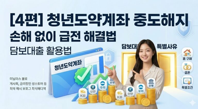 청년도약계좌 해지를 고민하는 청년 옆에 '담보대출'과 '특별사유'라는 탈출구가 빛나고 있는 현대적인 3D 일러스트.