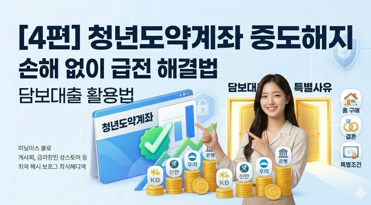 청년도약계좌 해지를 고민하는 청년 옆에 '담보대출'과 '특별사유'라는 탈출구가 빛나고 있는 현대적인 3D 일러스트.