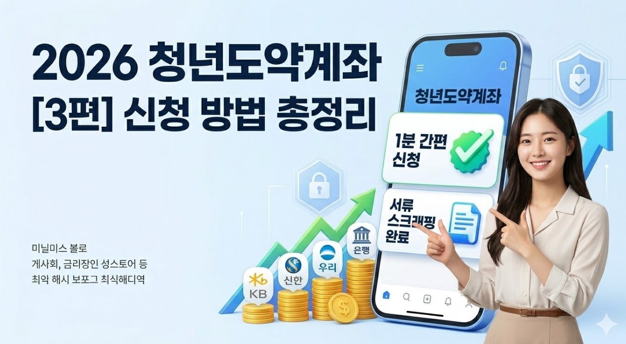 2026년 청년도약계좌 모바일 신청 화면을 보여주는 세련된 3D 스마트폰 일러스트와 체크마크 아이콘.