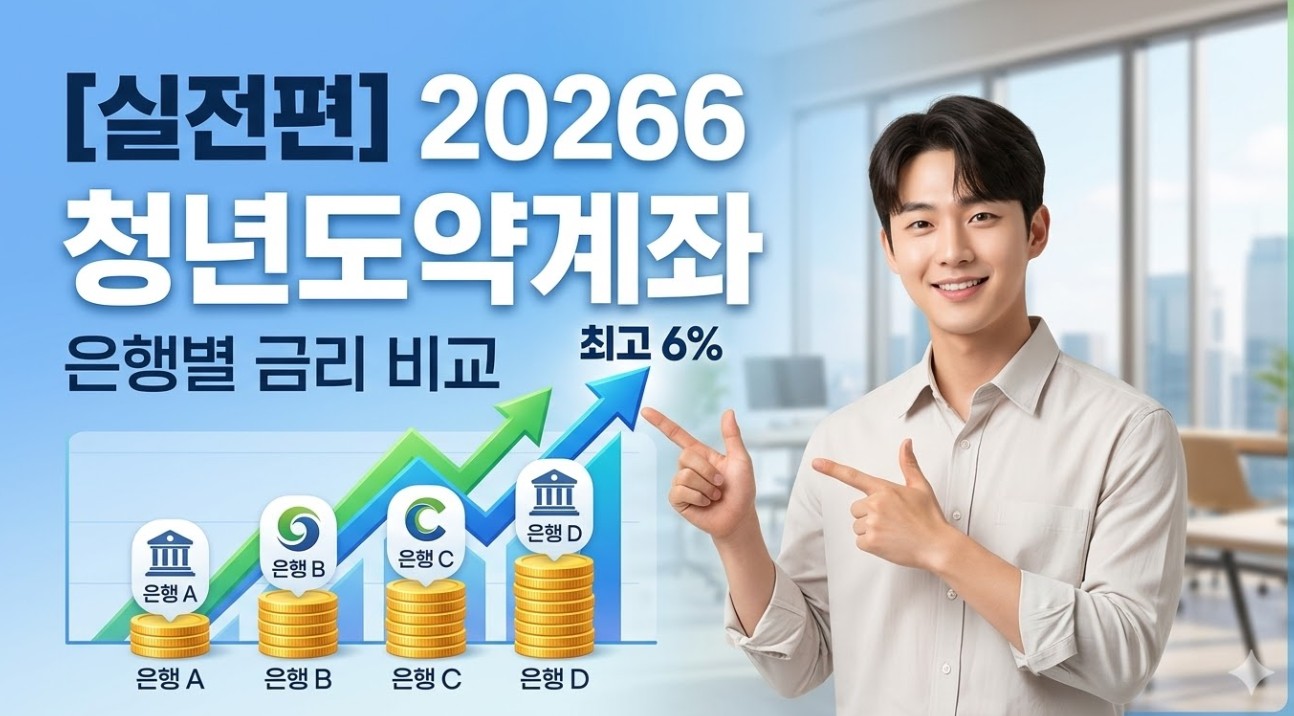 2026년 청년도약계좌 은행별 금리 비교 실전 가이드 블로그 썸네일. 미소 짓는 청년이 최고 6% 상승 그래프와 은행별 비교 차트를 가리키고 있다.