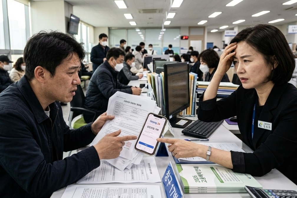 2026년 고용센터 창구에서 한국인 남성 민원인이 상담사에게 스마트폰 화면의 고용24 '실업인정 거부' 메시지를 보여주며 당혹스러운 표정을 짓고 있다.]