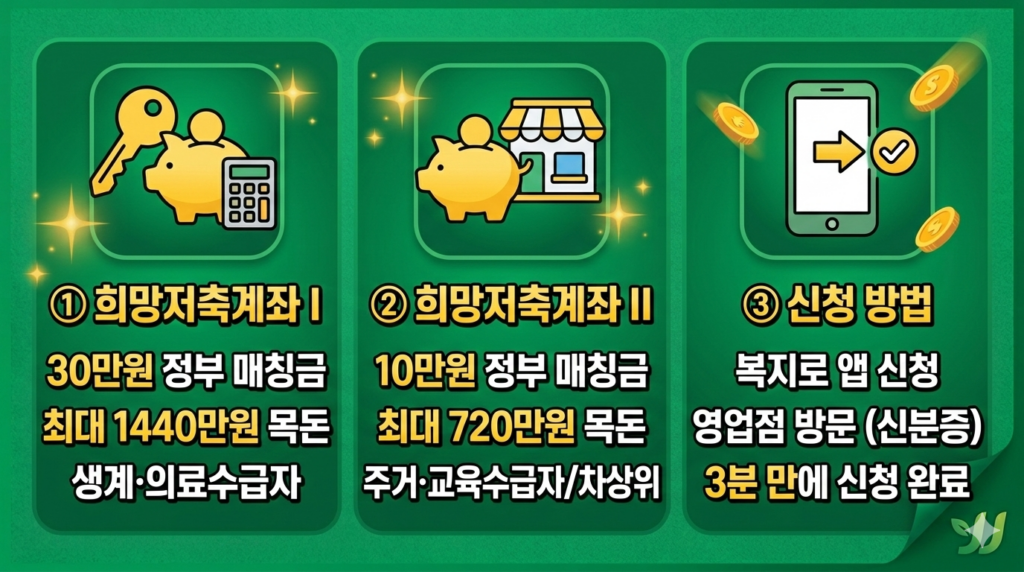 희망저축계좌 I vs II 차이점 및 신청 방법 인포그래픽