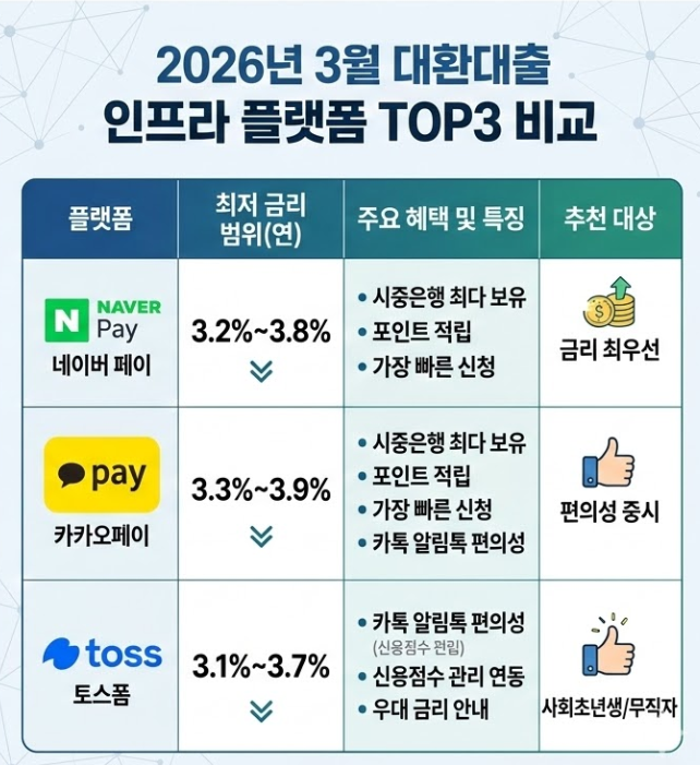 2026년 3월 대환대출 인프라 네이버페이 카카오페이 토스 금리 및 혜택 비교표