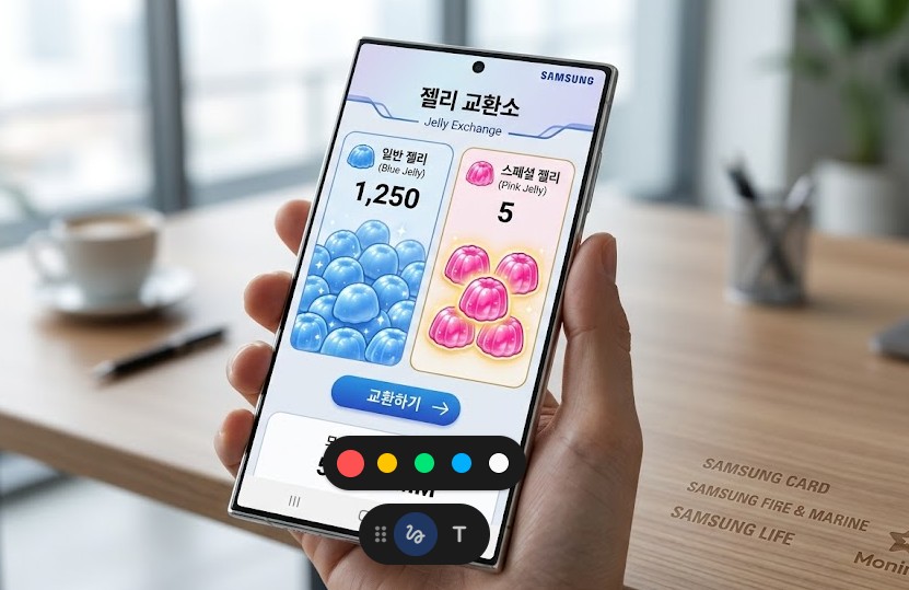 모니모 앱 화면의 젤리 교환소 메뉴에서 파란색 일반 젤리와 분홍색 스페셜 젤리가 가득 찬 디지털 지갑 아이콘과 그 아래 흐릿한 삼성 금융 계열사 로고.