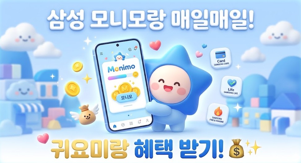 삼성 모니모 앱과 귀여운 캐릭터들이 나오는 밝고 따뜻한 썸네일