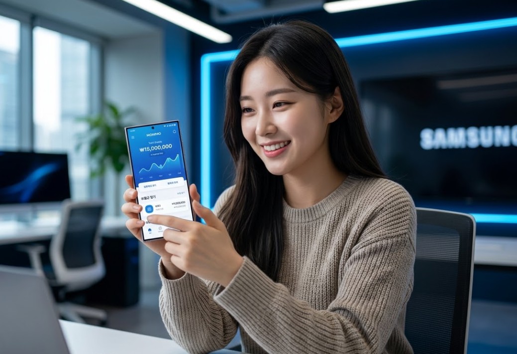 삼성 갤럭시 S24 스마트폰의 모니모 앱으로 숨은 자산 15,000,000원을 확인하고 기뻐하는 젊은 여성. 배경의 삼성 프레임 TV와 블루 LED 조명이 돋보인다.