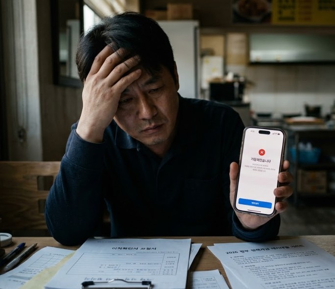 2026년 3월 18일, 경기 고양시의 한 치킨집 사장님(박상우씨, 40대)이 토스(Toss) 앱으로 대환대출을 신청했다가 '거절되었습니다'라는 차가운 화면을 보며 좌절하고 있다. 책상 위에는 '2026 정부 정책자금 가이드' 서류가 놓여 있으며, 사장님은 그 동아줄 같은 서류를 바라보며 한 줄기 희망을 버리지 않고 있다. 실사화 200% 느낌의 다큐멘터리 사진.