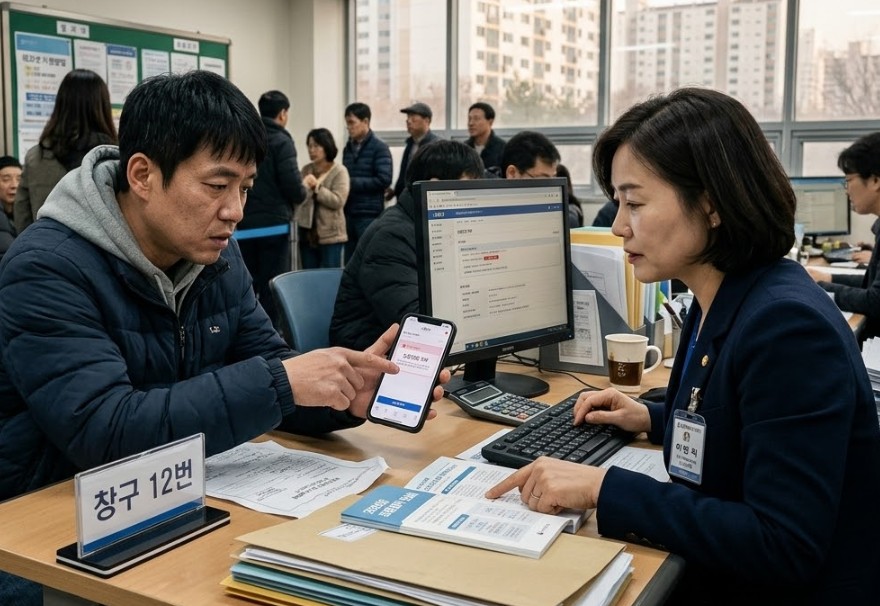고용센터 창구에서 한국인 남성 민원인이 상담사에게 스마트폰 화면의 고용24 '실업인정 거부' 메시지를 보여주며 당혹스러운 표정을 짓고 있다.