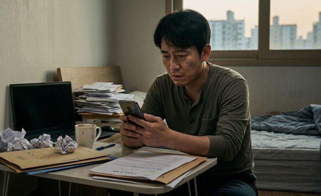 2026년 실업급여 신청을 고민하는 남성이 스마트폰에 뜬 고용24 앱 화면과 쌓여있는 서류 사이에서 머리를 감싸 쥐고 있다