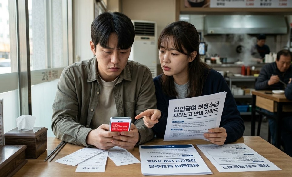 2026년 3월 18일, 실업급여 수급 중 단기 알바 소득 미신고로 고민하는 젊은 남녀 커플(20대). 남성은 스마트폰 토스 앱에서 '부정수급 경고!'라는 차가운 화면을 보고 좌절하고 있으며, 여성은 책상 위에 놓인 '실업급여 부정수급 자진신고 안내 가이드' 서류를 검토하며 해결책을 찾고 있다. 실사 200% 다큐멘터리 사진.