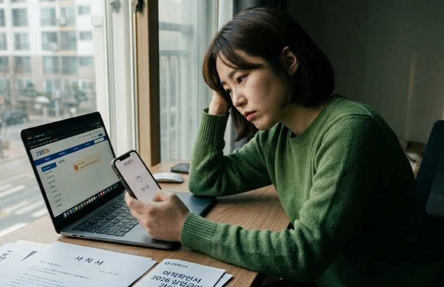 2026년 3월 고양시의 한 식당에서 퇴사한 40대 남성이 스마트폰으로 고용24 앱의 미처리 화면을 보며 괴로워하고 있다. 책상 위에는 '이직확인서 요청서'와 '정부 정책자금 가이드' 서류가 놓여 있어 실업급여 수급의 어려움과 해결 의지를 동시에 보여주는 실사 200% 사진.