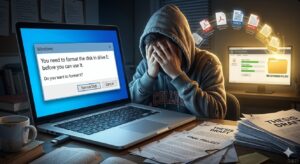 데이터 복구 프로그램의 스캔 과정과 미리보기 기능을 시각화한 인포그래픽