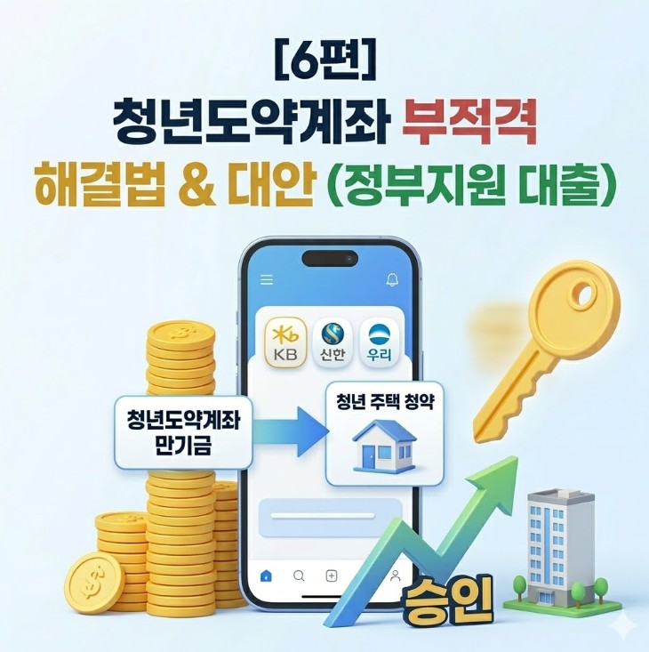 청년도약계좌 부적격 통보를 받은 청년에게 정부지원 저금리 대출과 신용등급 관리 솔루션이 해결책으로 나타나는 3D 일러스트.